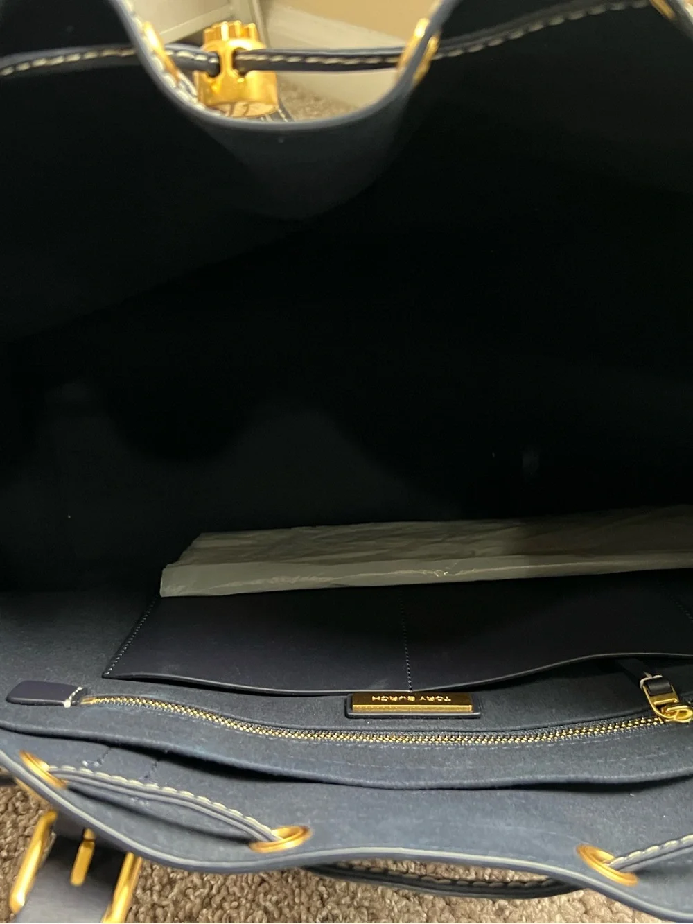 Tory Burch Black and Natural Logo Jacquard Drawstring Tote